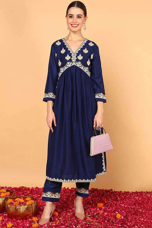 Plus Size Navy Blue Silk Blend Solid Embroidered Flared Kurta Set